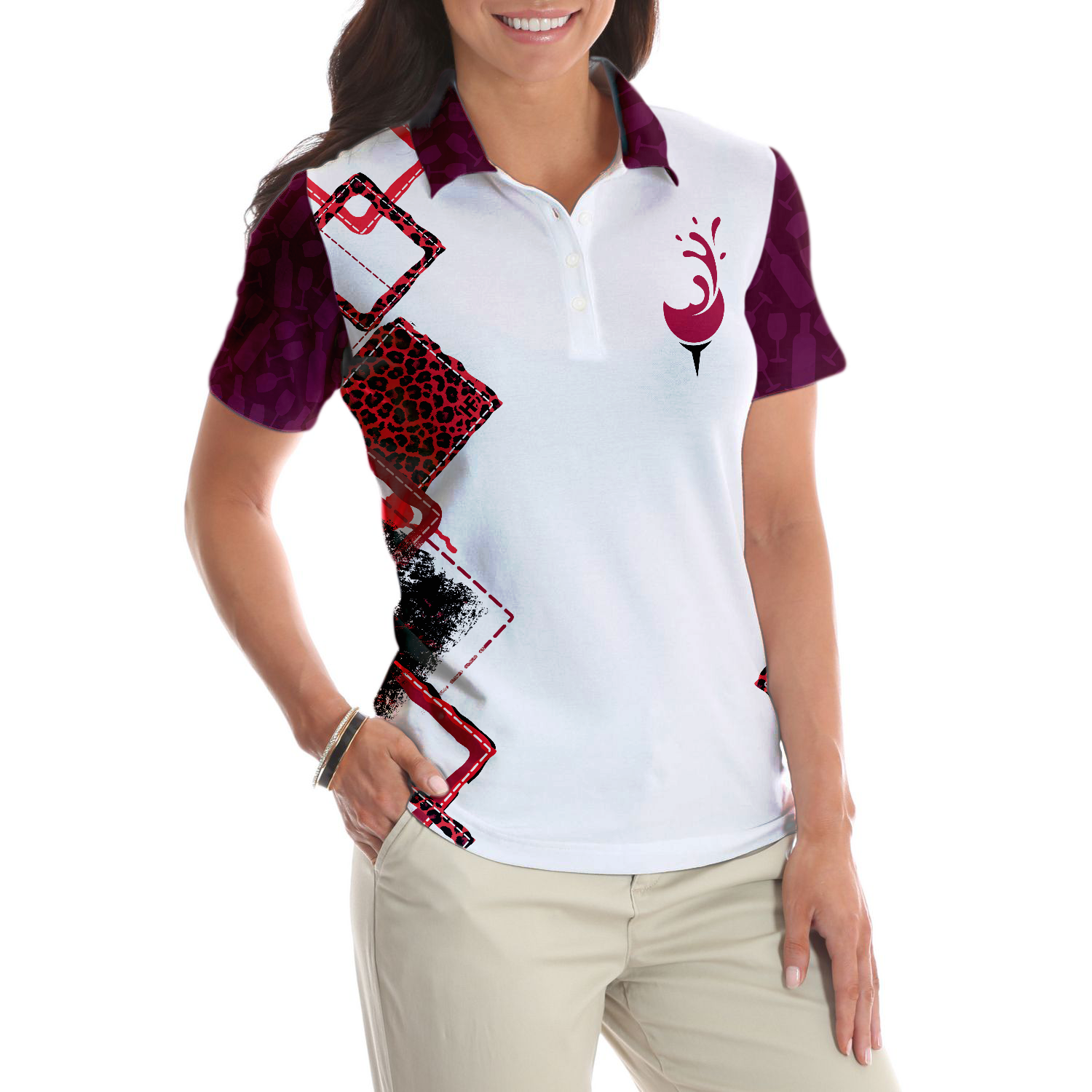 Putt Now Wine Later Elegant Leopard Pattern Golf Short Sleeve Women Polo Shirt, Golf Shirt For Ladies - Hyperfavor