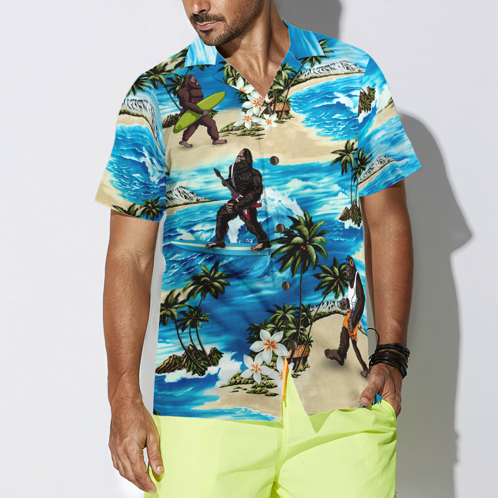 Bigfoot AIoha Beach Bigfoot Hawaiian Shirt, Palm Tree And Flower Blue Ocean Bigfoot Surfing Shirt For Men - Hyperfavor