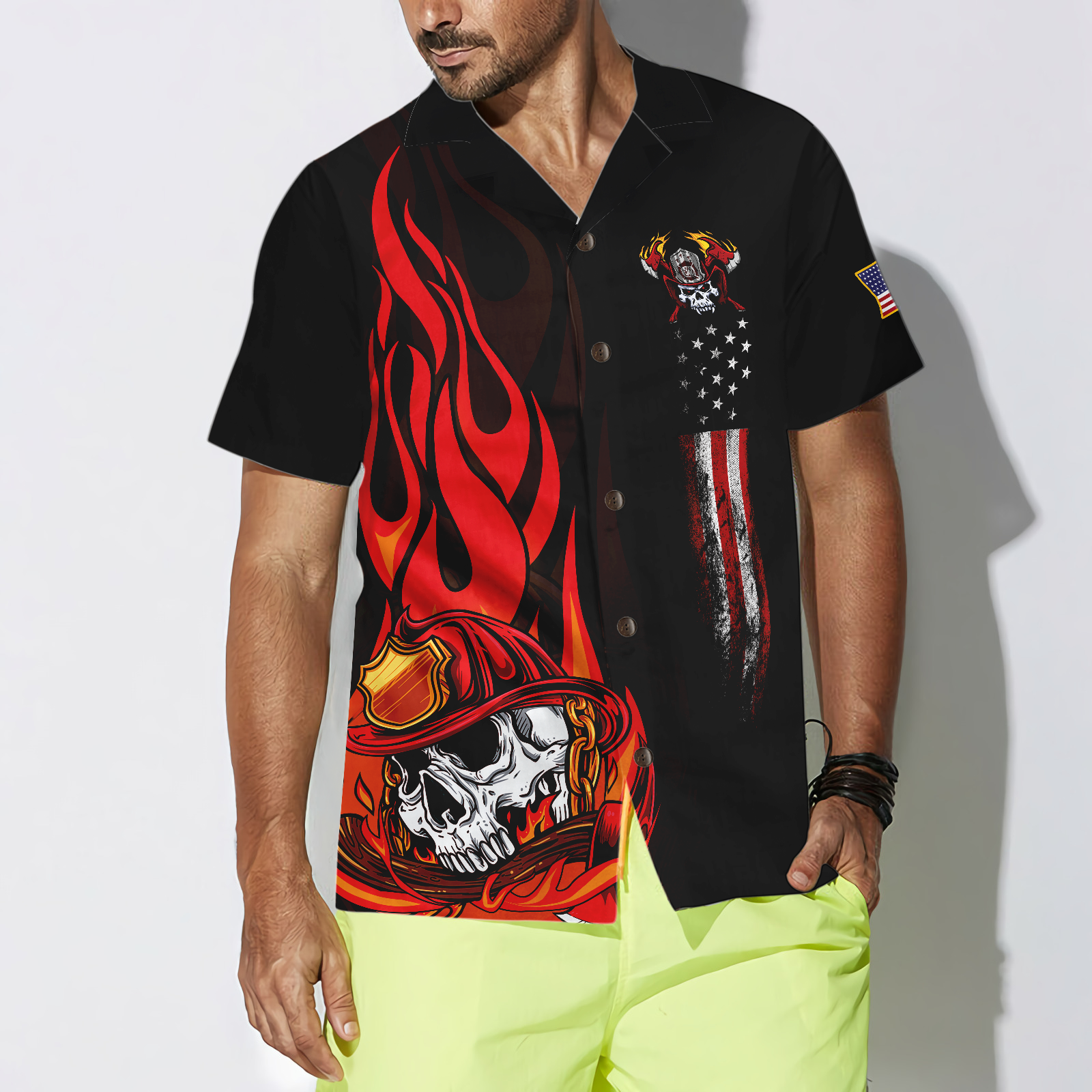 Firefighter Skull Flame Black American Flag Hawaiian Shirt, Fire Dept Logo Firefighter Hawaiian Shirt For Men - Hyperfavor