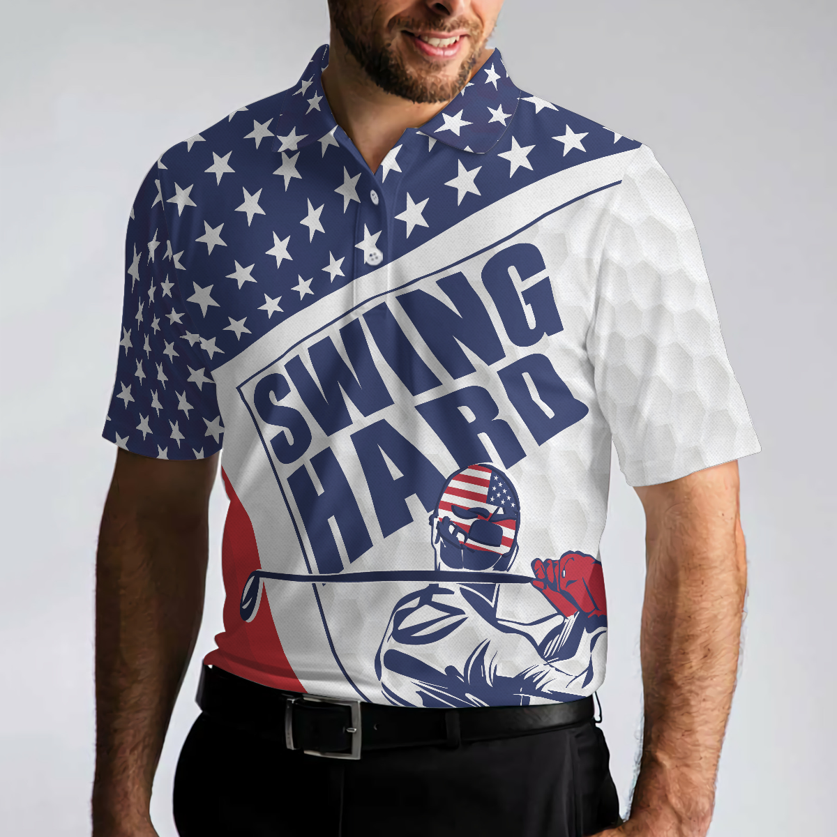 Golf Texture Swing Hard Short Sleeve Golf Polo Shirt, American Flag Polo Shirt, Patriotic Golf Shirt For Men - Hyperfavor