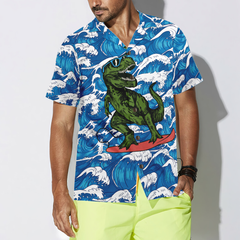 Surfing T-Rex Dinosaur Hawaiian Shirt - Hyperfavor