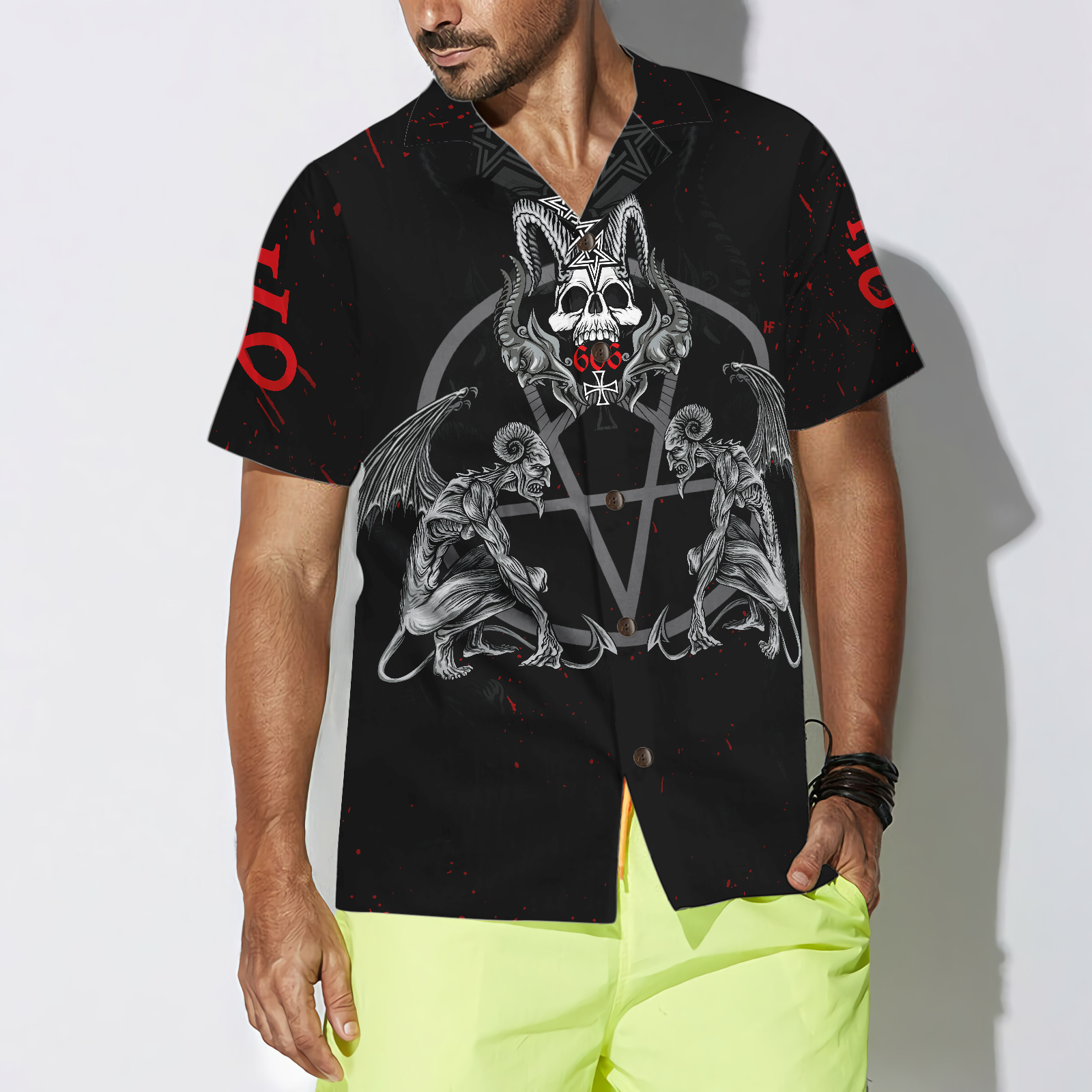 Demon With Skull Pentagram Satanic Goth Gothic Hawaiian Shirt - Hyperfavor