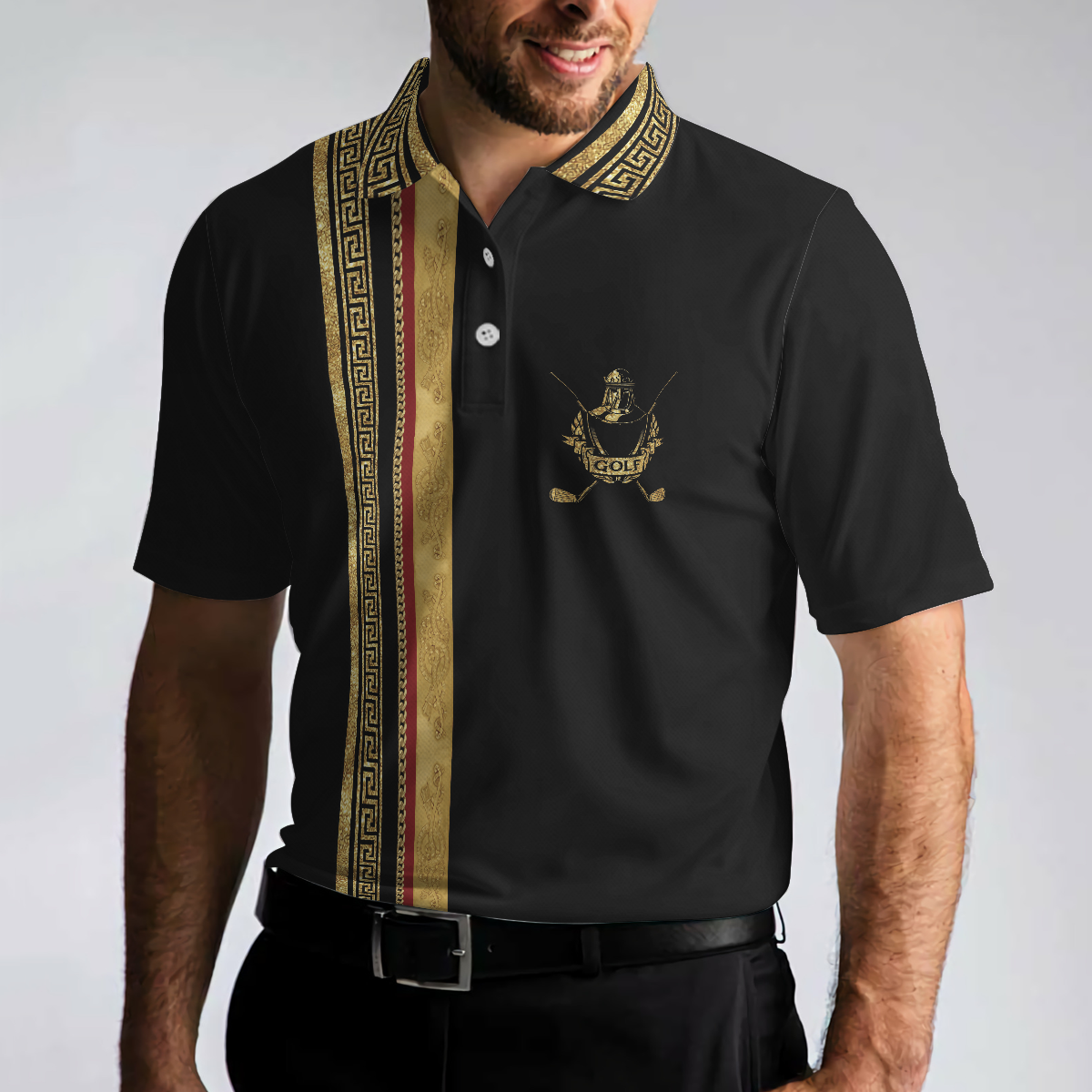 Golf Crusader King Luxury Baroque Pattern Golf Polo Shirt, Elegant Black Golfing Polo Shirt, Best Golf Shirt For Men - Hyperfavor