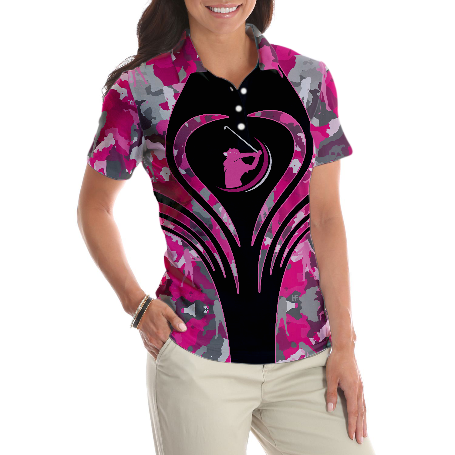 Golf Girl Pink Camouflage Pattern Short Sleeve Women Polo Shirt, Unique Female Golf Gift - Hyperfavor