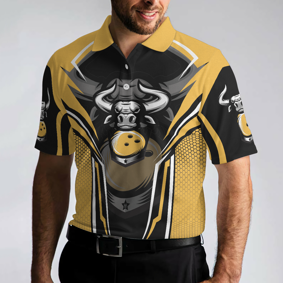 Clean Sweep Yellow Bull Bowling Short Sleeve Polo Shirt, Digital Bowling Alley Polo Shirt, Best Bowling Shirt For Men - Hyperfavor