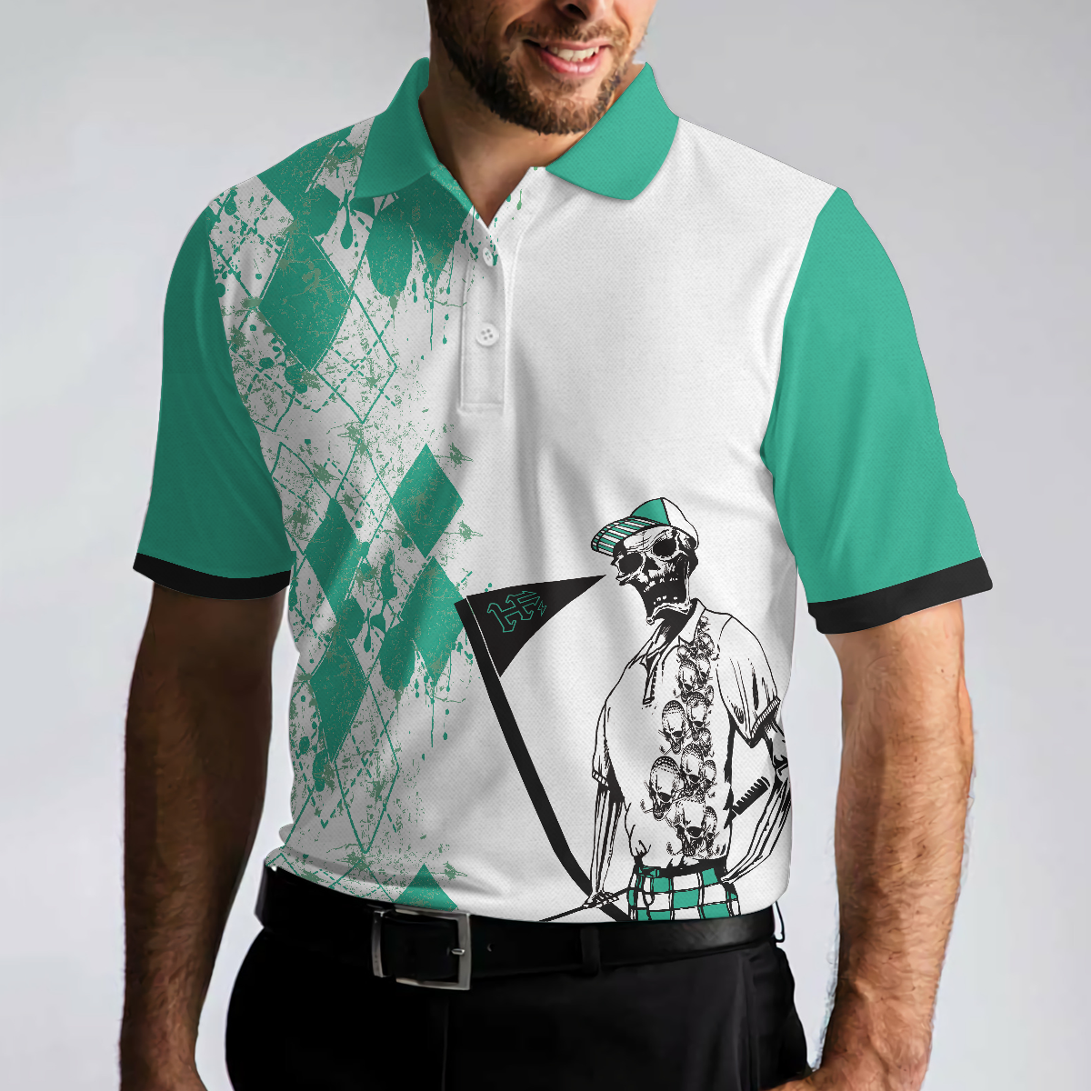 My Green Jacket Is In The Wash Polo Shirt, Cyan Argyle Pattern Skeleton Golfer Golf Shirt For Men - Hyperfavor