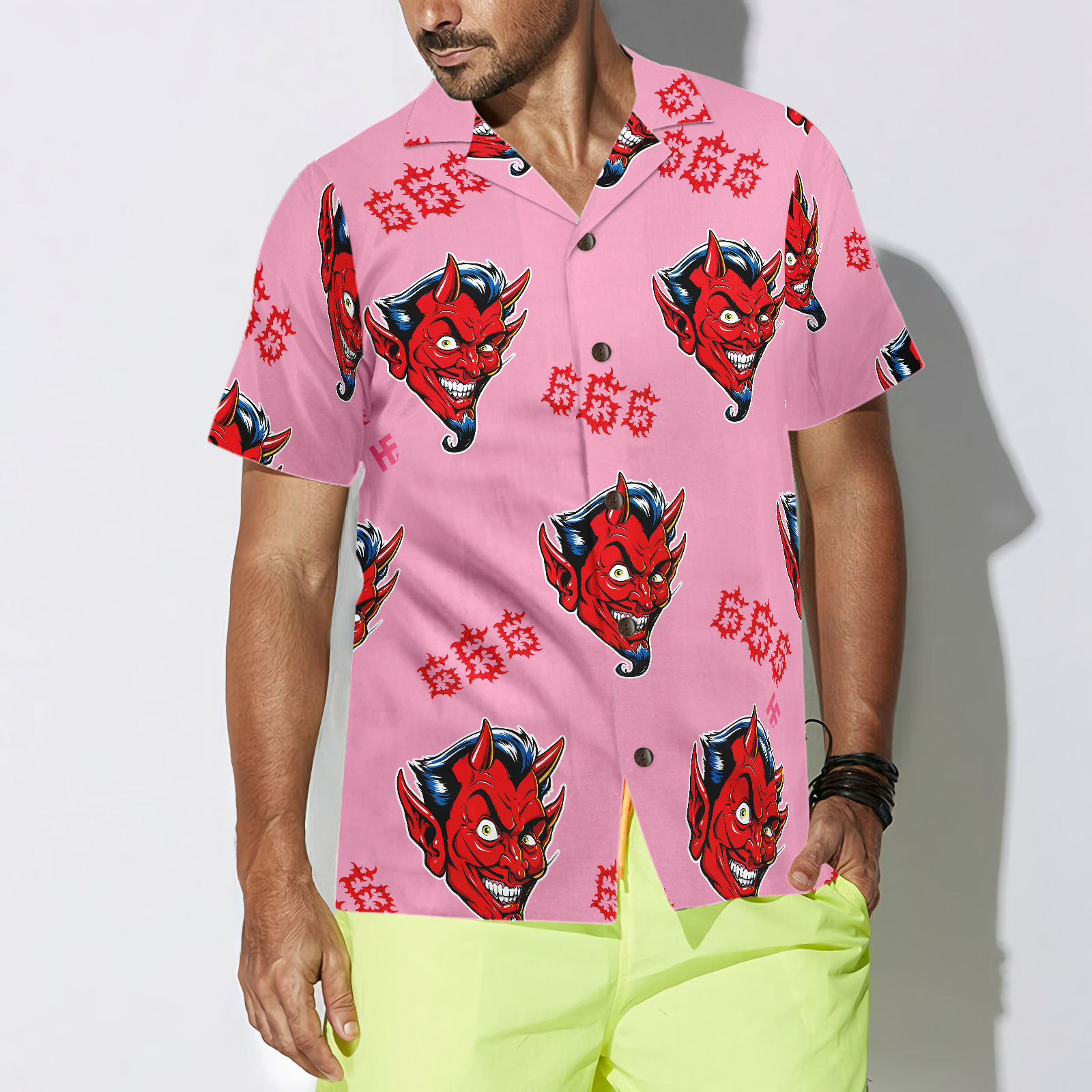 Seamless Red Devil Face Hawaiian Shirt - Hyperfavor