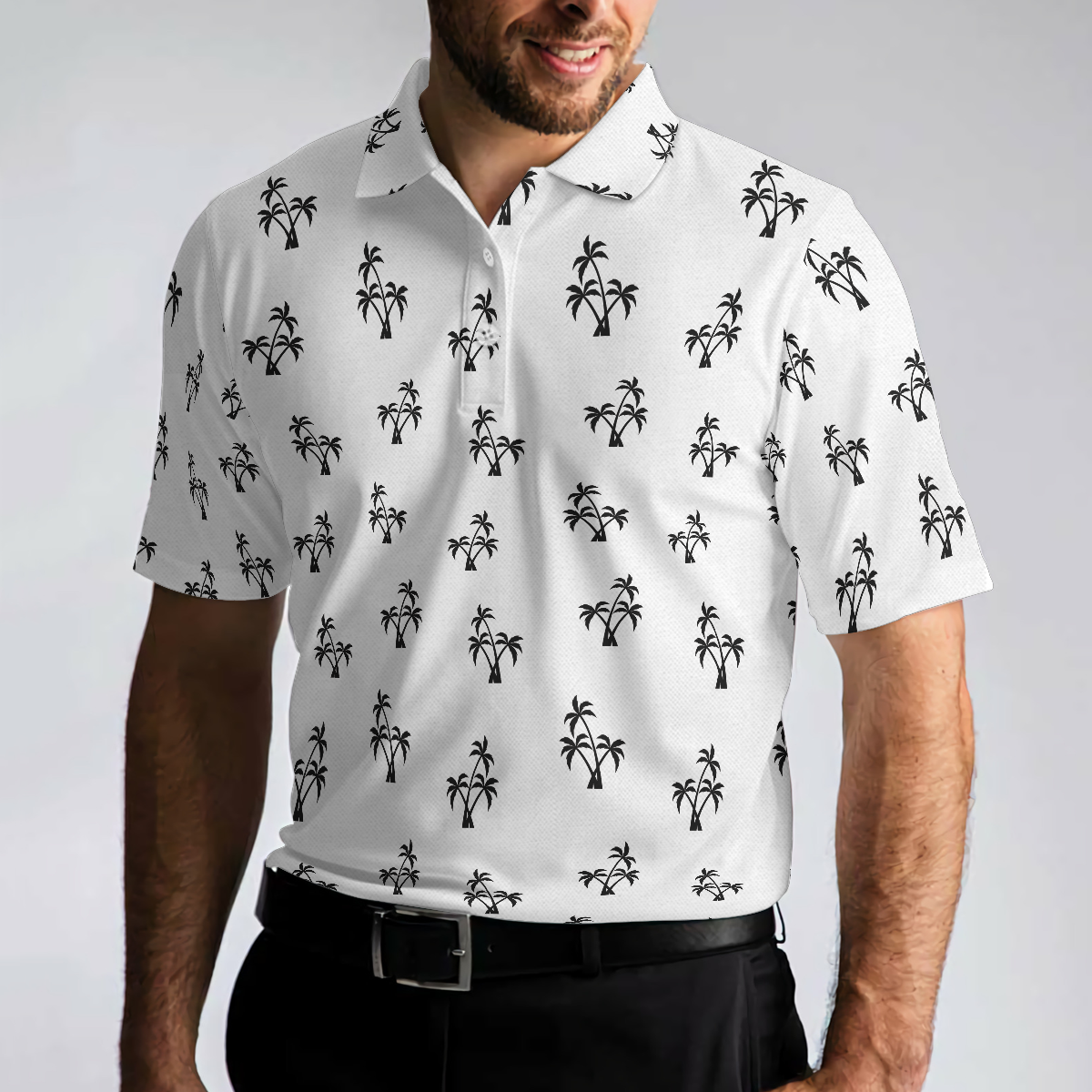 Palm Trees Pattern Short Sleeve Polo Shirt, Minimalist Black And White Tropical Shirt For Men - Hyperfavor