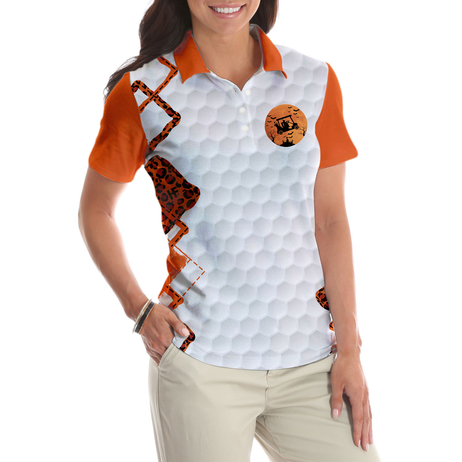 Golf I Have Two Titles Short Sleeve Women Polo Shirt, Orange Leopard Golf Shirt For Ladies, Gift For Golf Mom - Hyperfavor