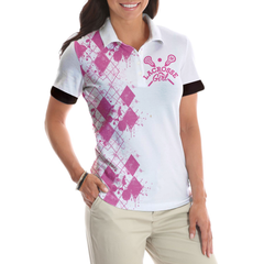 I Beat People With A Stick Lacrosse Short Sleeve Women Polo Shirt, White And Pink Lacrosse Shirt For Ladies - Hyperfavor