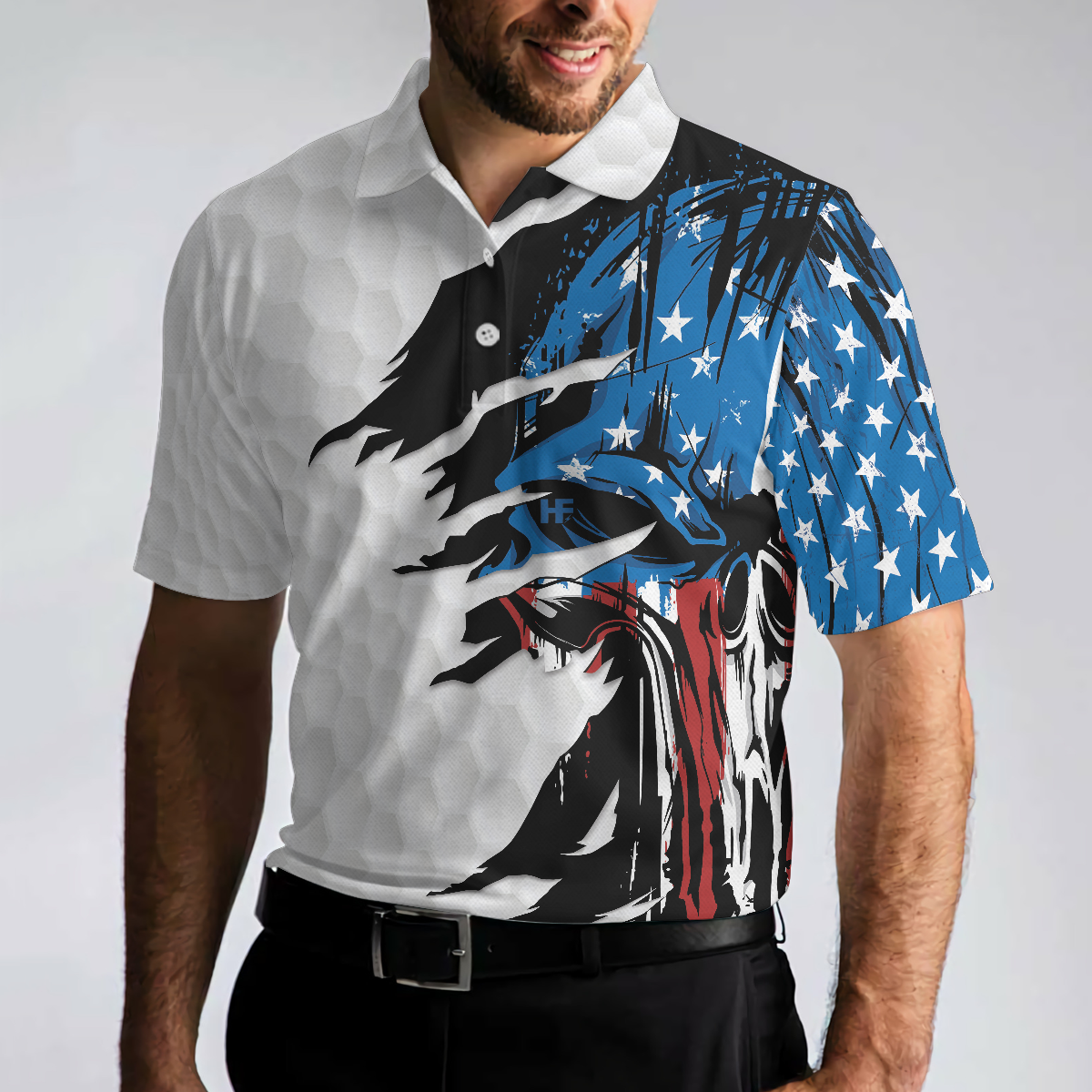 Skull American Ripped Golf Polo Shirt, White American Flag Polo Shirt, Patriotic Golf Shirt For Men - Hyperfavor