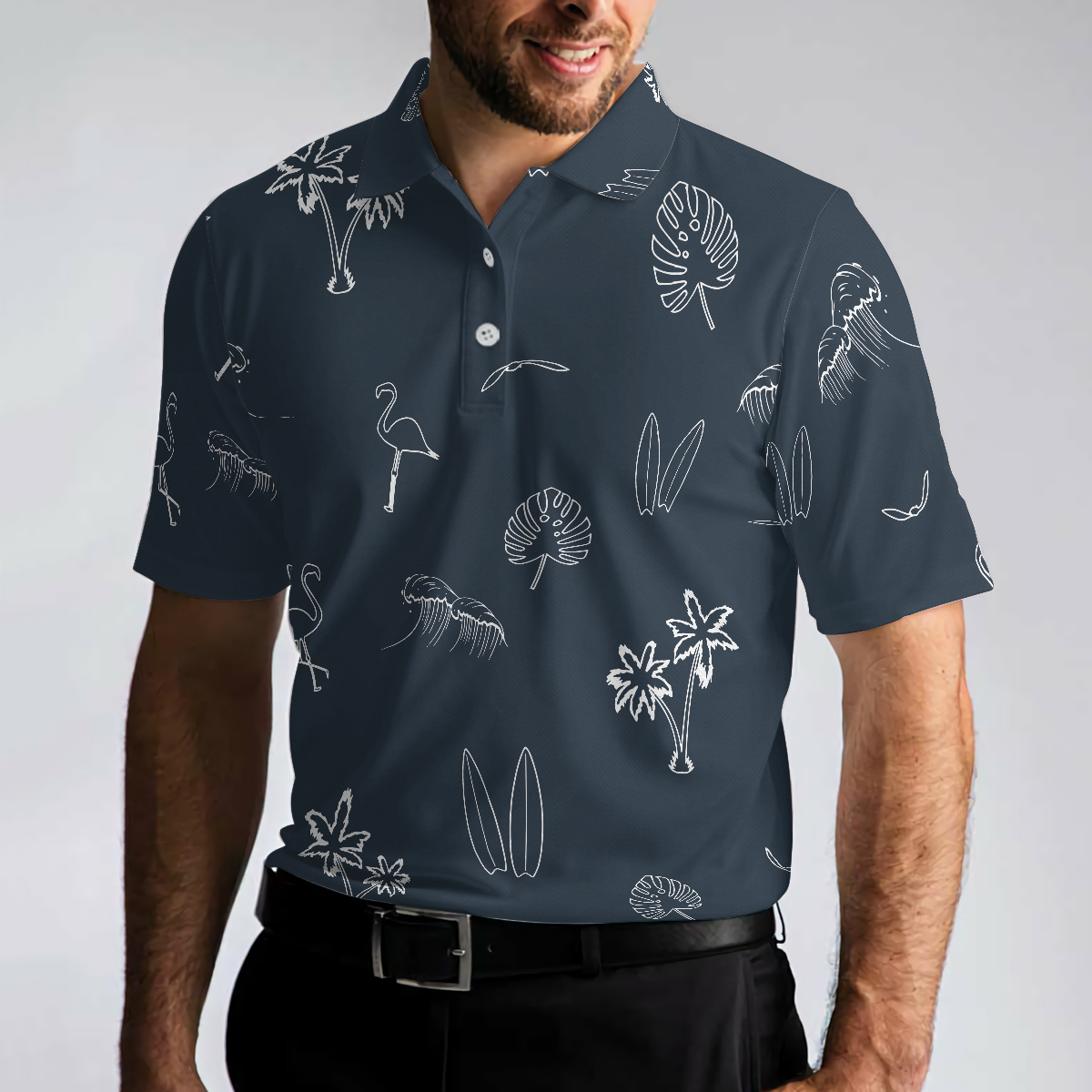 Mini Tropical Icons Polo Shirt, Black And White Tropical Floral Flamingo Polo Shirt For Men - Hyperfavor