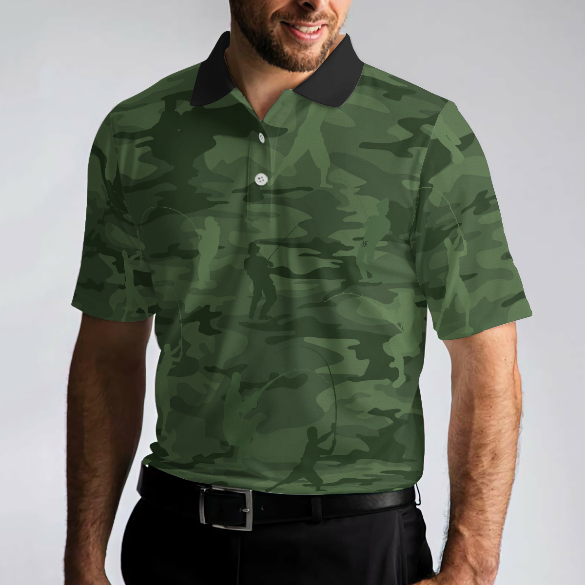 Green Camouflage Fisherman Silhouette Custom Polo Shirt - Hyperfavor