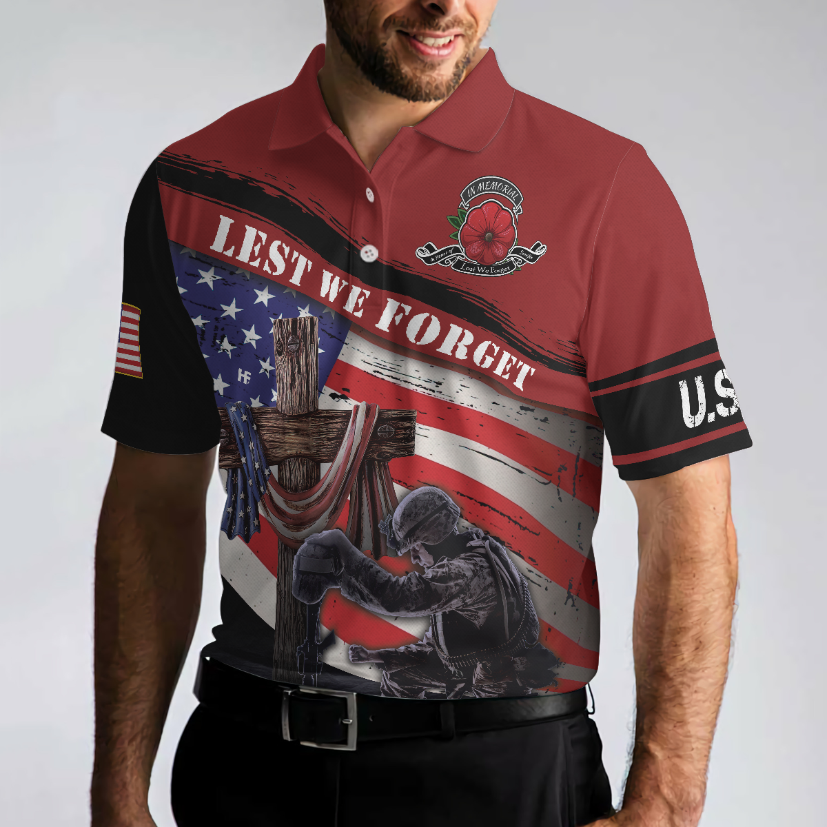 Lest We Forget With USA Flag Polo Shirt, American Flag Polo Shirt For Men, Gift Idea For Veterans - Hyperfavor