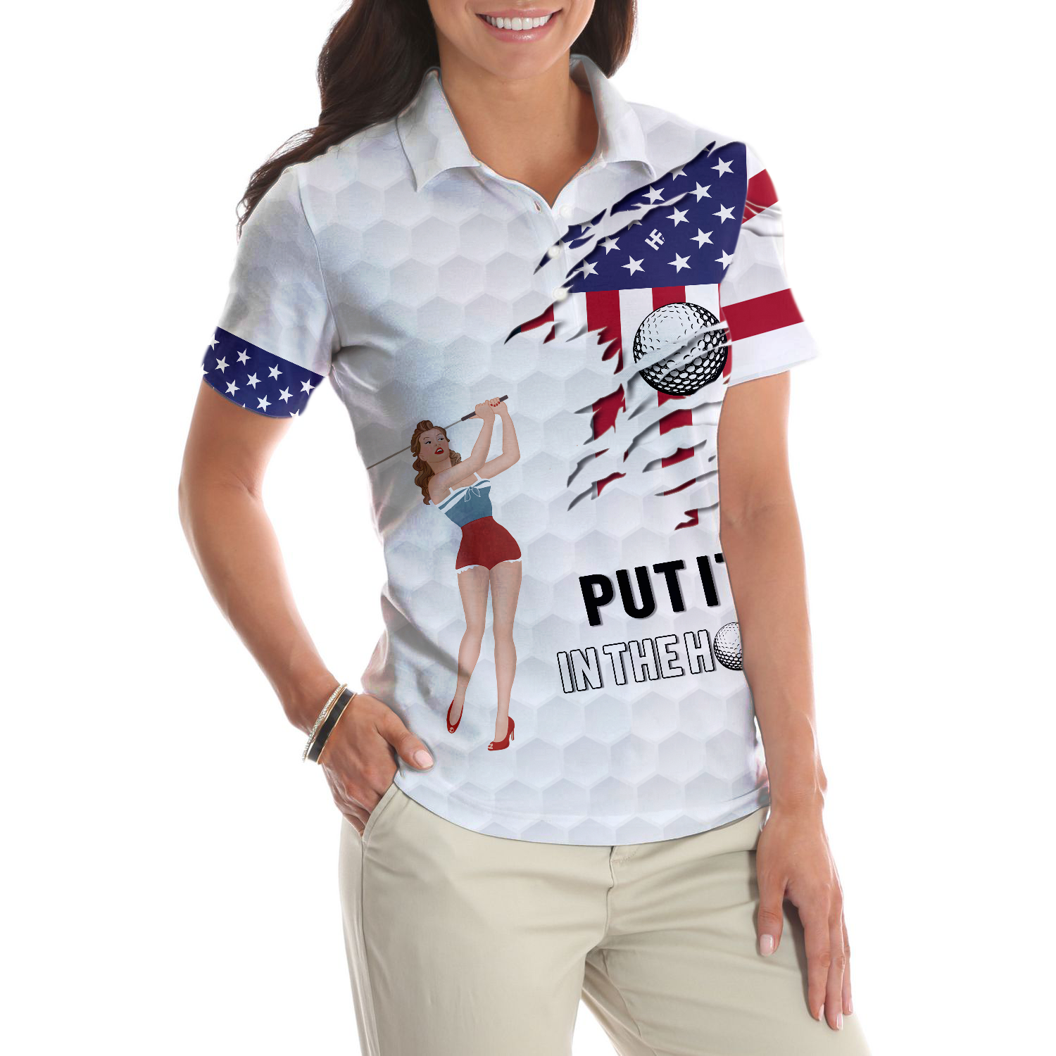 Golf American Flag Girl Short Sleeve Women Polo Shirt - Hyperfavor