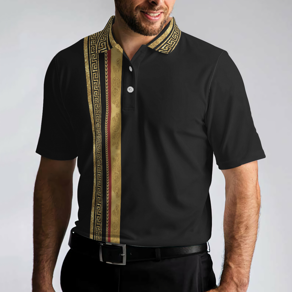 Luxury Baroque Pattern Eagle Badge Golf Polo Shirt, Golden Greek Key Pattern Polo Shirt, Best Golf Shirt For Men - Hyperfavor