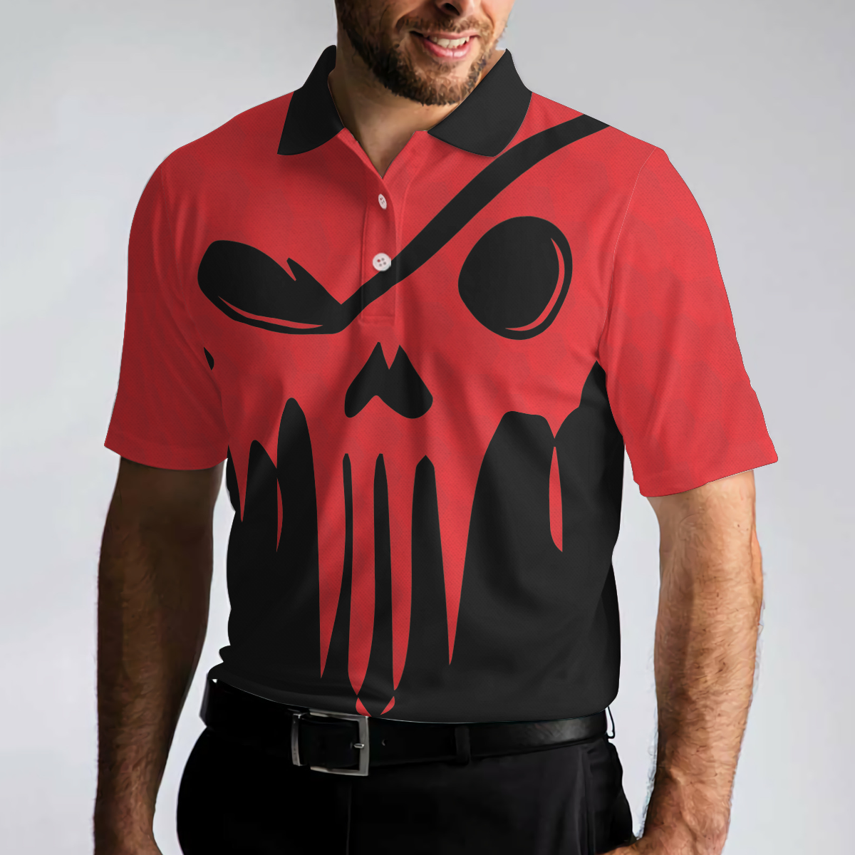 Less Talk More Golfing Polo Shirt, Scary Skull Golf Shirt For Men, Black And Red Golfing Shirt Design - Hyperfavor