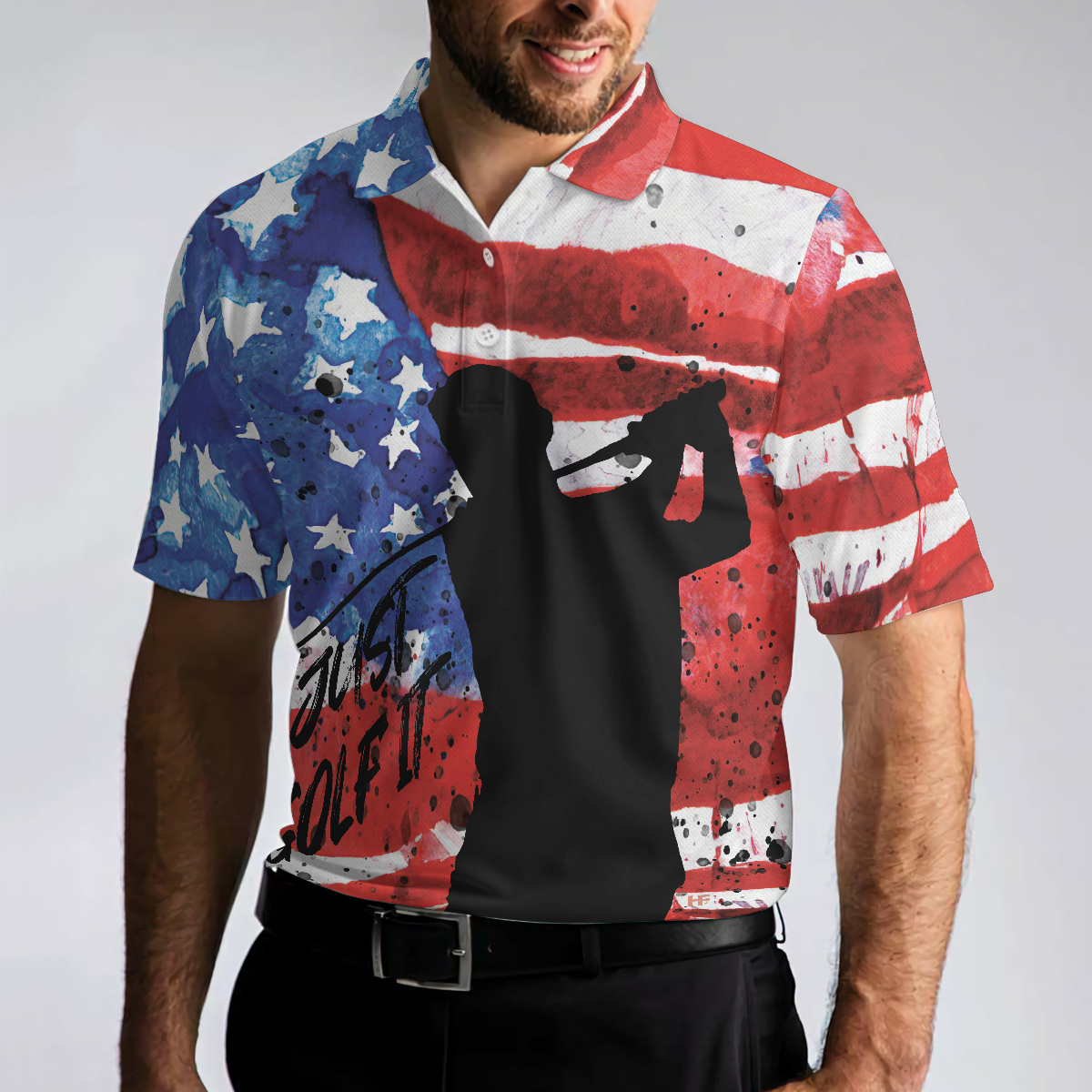 American Golfer Just Golf It Short Sleeve Golf Polo Shirt, Wet Paint American Flag Polo Shirt, Patriotic Golf Shirt For Men - Hyperfavor