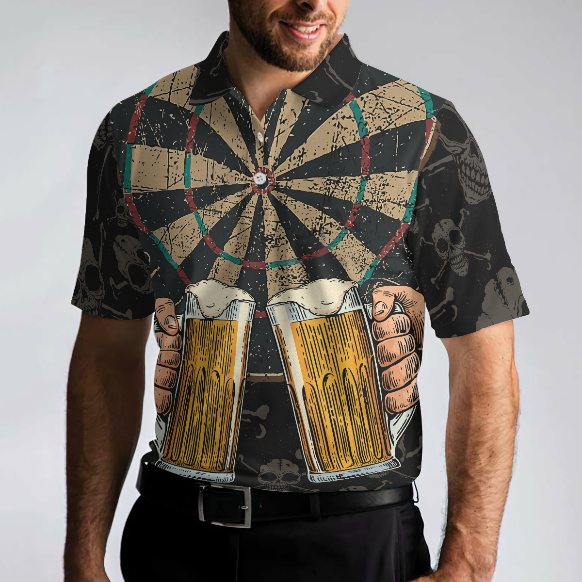 Darts And Beer That's Why I'm Here Short Sleeve Polo Shirt, Skull Darts Print Shirt For Men - Hyperfavor