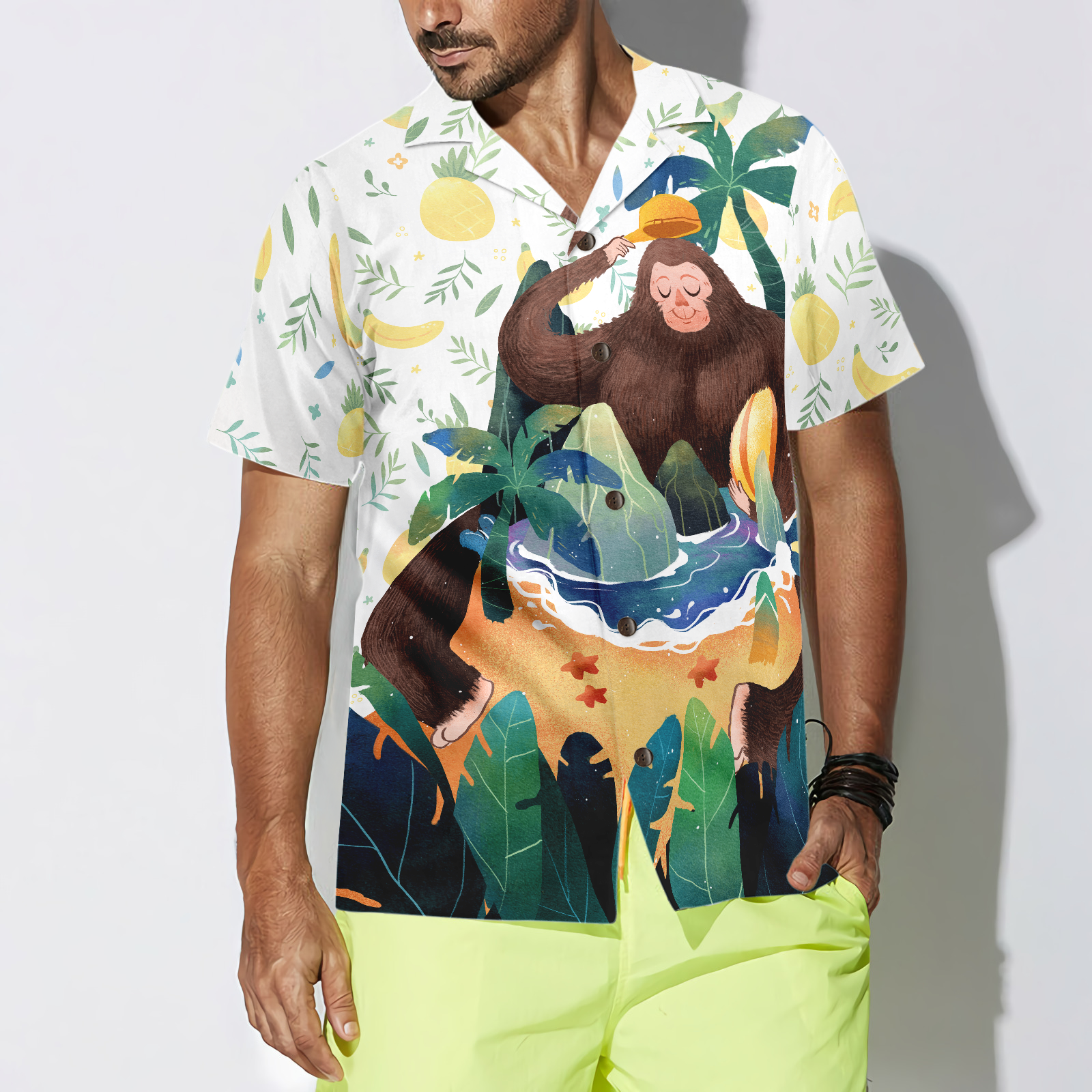 Artistic Bigfoot on the Beach Hawaiian Shirts for Men, Sasquatch Shirts - Hyperfavor