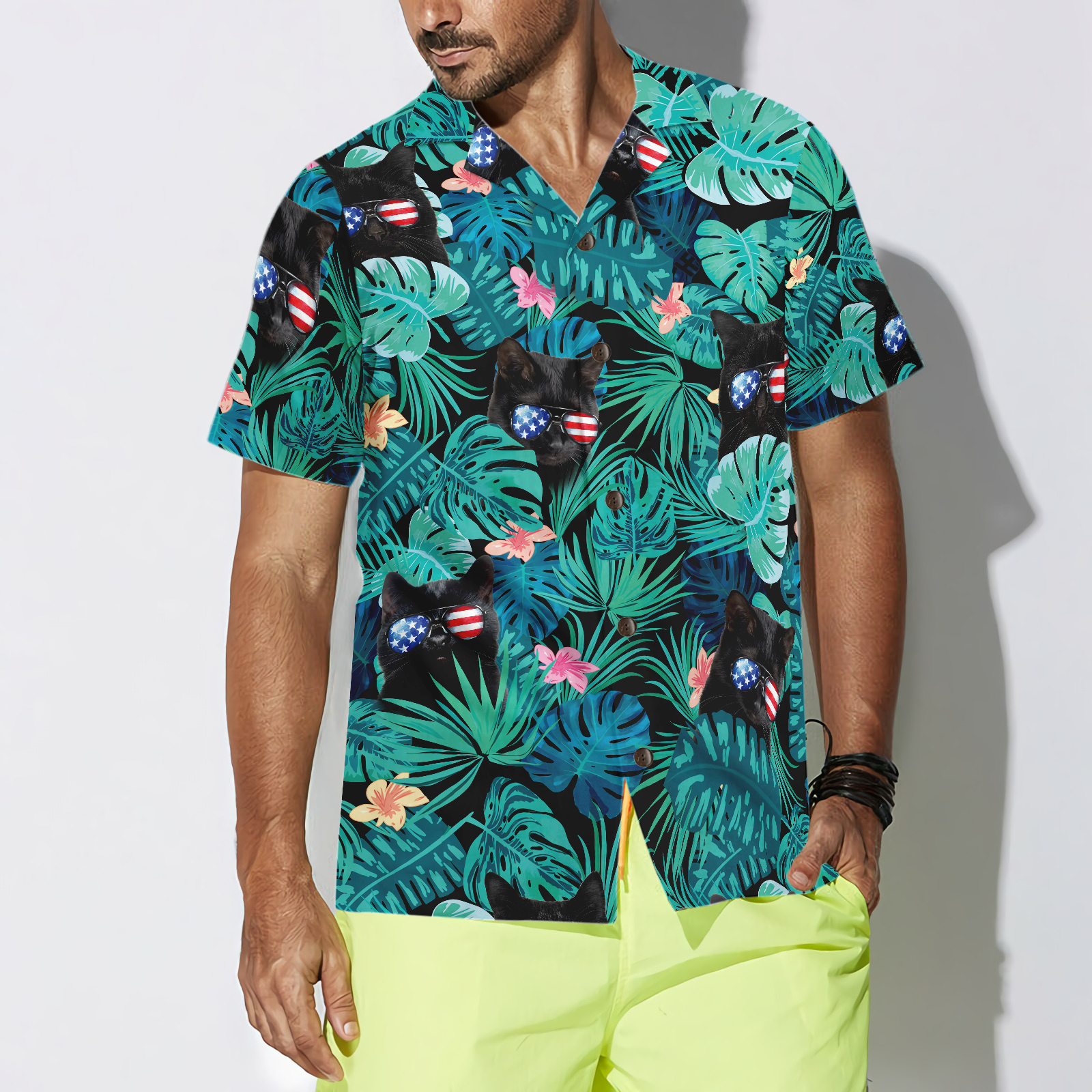 Black Cat Tropical Fourth Of July Hawaiian Shirt - Hyperfavor