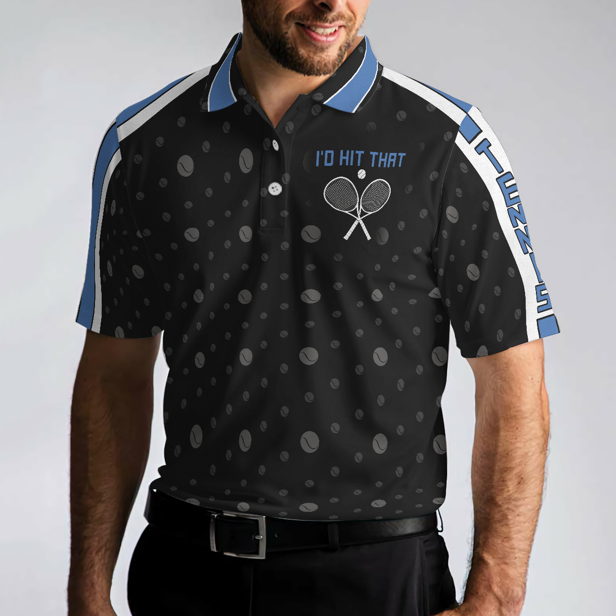 Tennis Blue Version Polo Shirt, Black Dot And Tennis Ball Pattern Polo Shirt, Best Tennis Shirt For Men - Hyperfavor