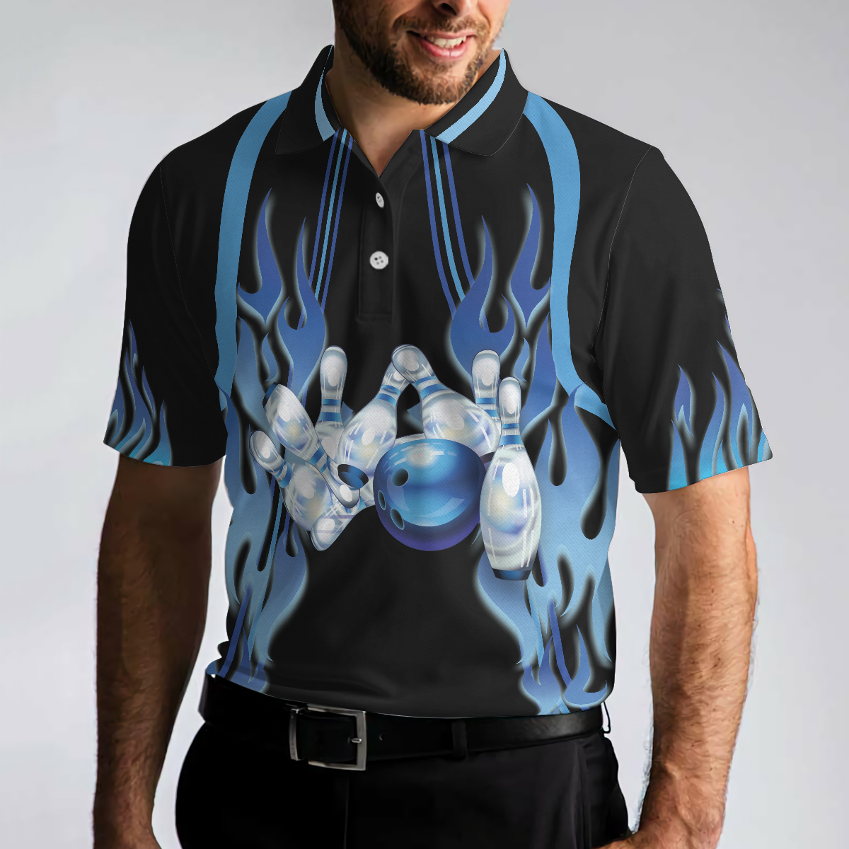 Too Much Head Said No One Ever Bowling Polo Shirt, Blue Flame Pattern Tenpin Bowling Shirt For Bowling Lovers - Hyperfavor