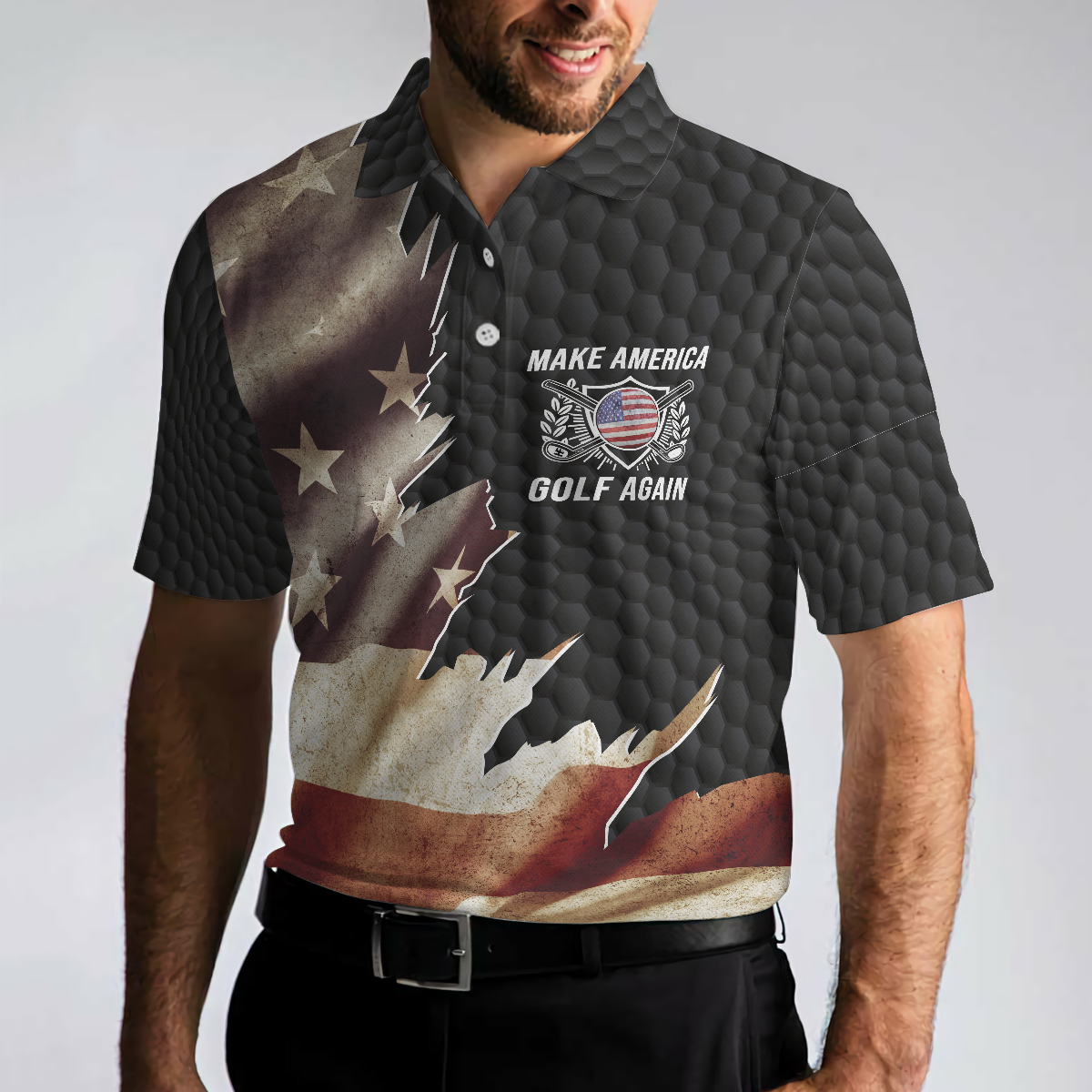 Make America Golf Again Custom Polo Shirt, Personalized Black Hornet Nest Pattern American Flag Golf Shirt For Men - Hyperfavor