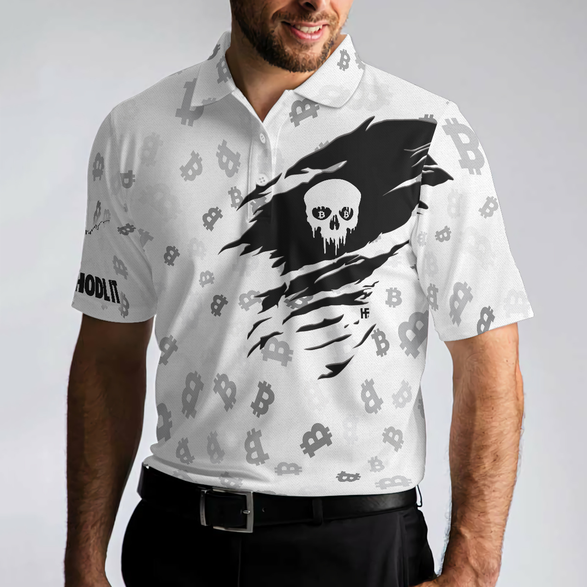 The Bitcoin Skull Polo Shirt, Black And White Skull Cryptocurrency Shirt, Bitcoin Short Sleeve Shirt Design - Hyperfavor