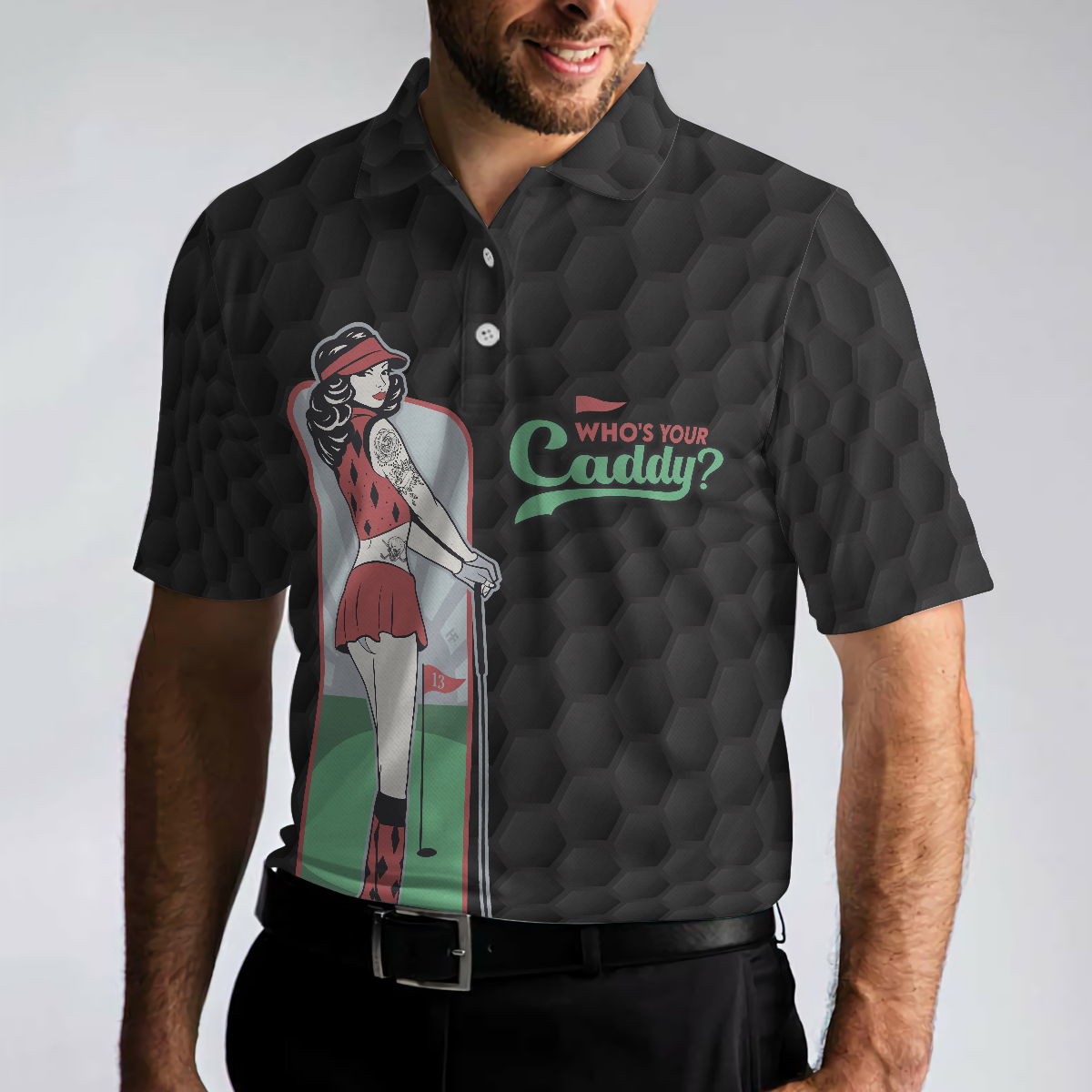 Sarcastic Shirt Who's Your Caddy Polo Shirt, Black Golf Pattern Polo Shirt, Unique Golf Shirt For Men - Hyperfavor