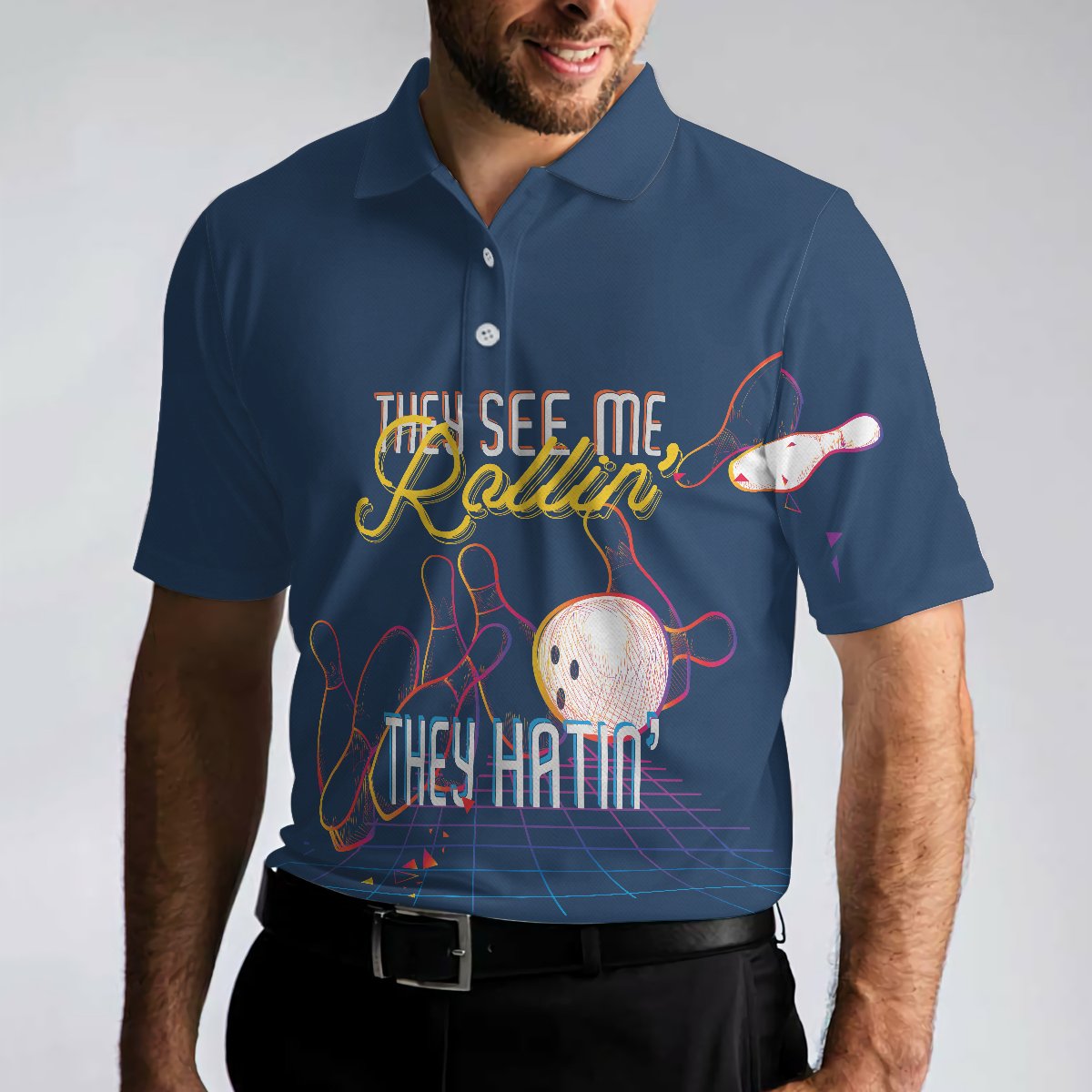 Bowling They see me Rollin’ They Hatin’ Short Sleeve Polo Shirt, Light Art Bowling Shirt for Men - Hyperfavor