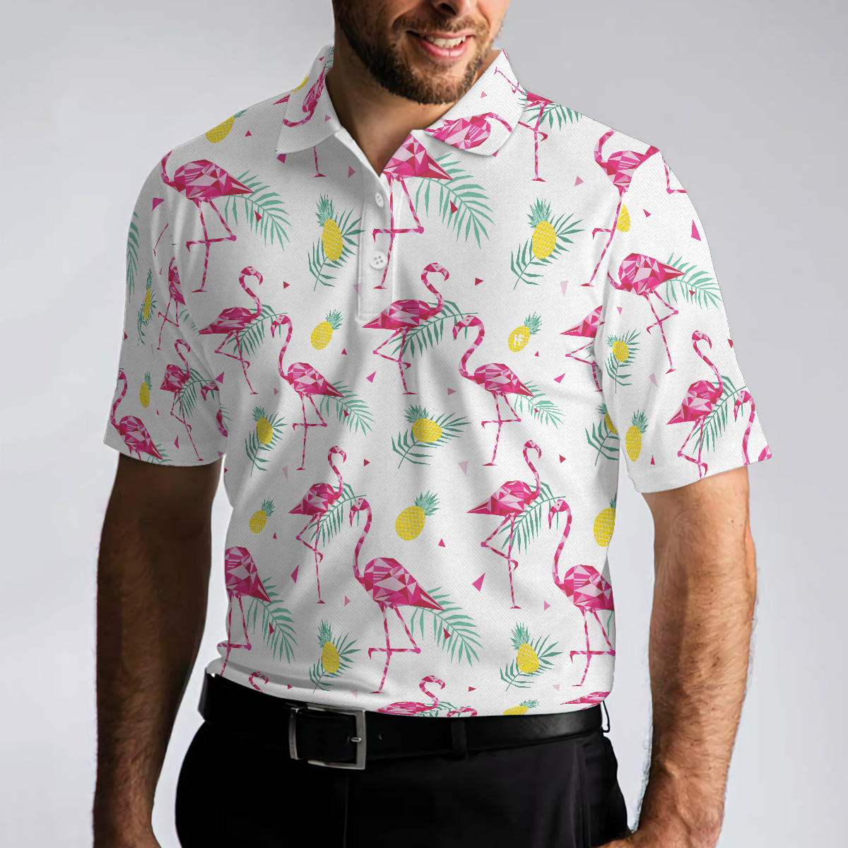 Flamingo And Tropical Pattern Polo Shirt, White Flamingo Themed Polo Shirt, Tropical Flamingo Shirt Design - Hyperfavor