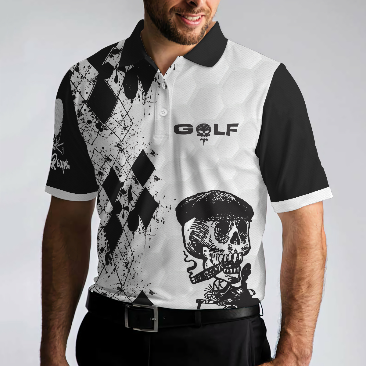 Skull Golf Reaper Polo Shirt, Black And White Argyle Pattern Polo Shirt, Best Golf Shirt For Men - Hyperfavor