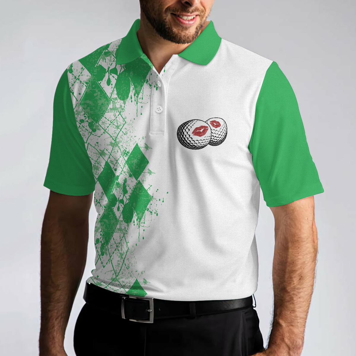 Golf Kiss My Balls Polo Shirt, Green Argyle Pattern Golf Shirt Design, Scary Halloween Golf Gift For Golfers - Hyperfavor