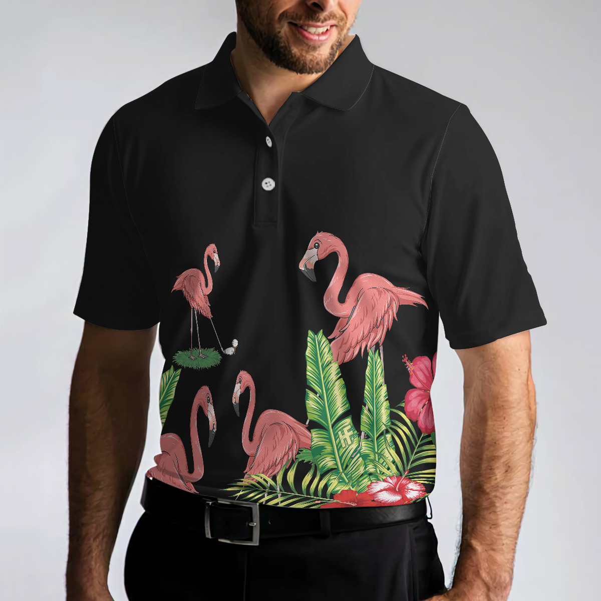 Flamingo Playing Golf And Tropical Pattern Polo Shirt, Pink Flamingo Short Sleeve Polo Shirt For Golfers - Hyperfavor