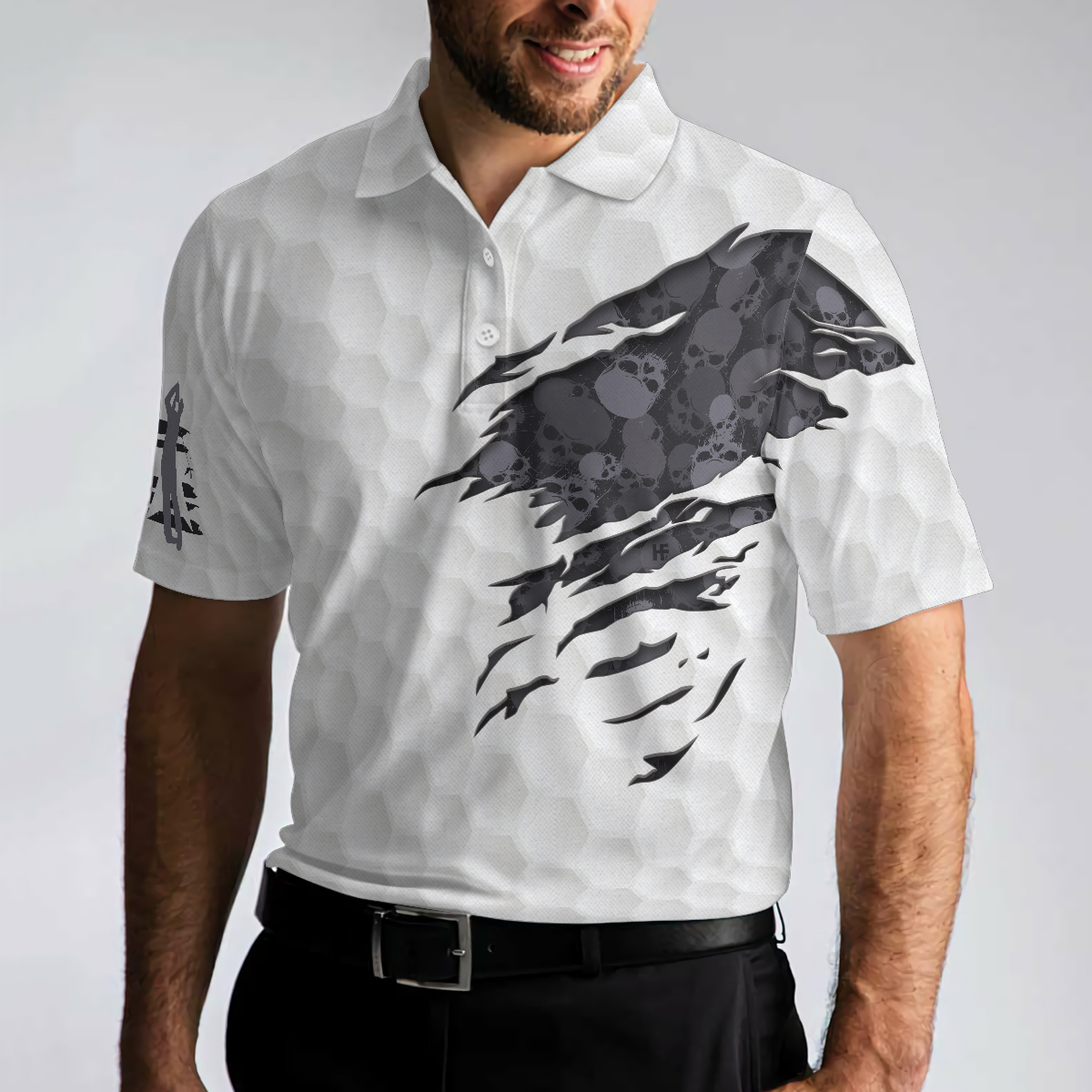 Grip It N' Rip It Golf Ball Texture Short Sleeve Polo Shirt, Ripped Skull Pattern Polo Shirt, Best Golf Shirt For Men - Hyperfavor