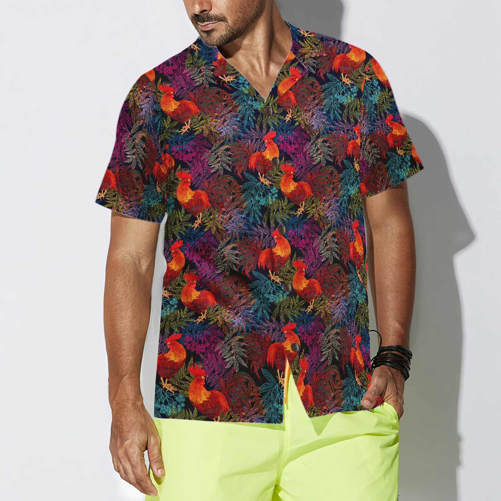 Stylish Rooster Chicken And Leaves Hawaiian Shirt - Hyperfavor