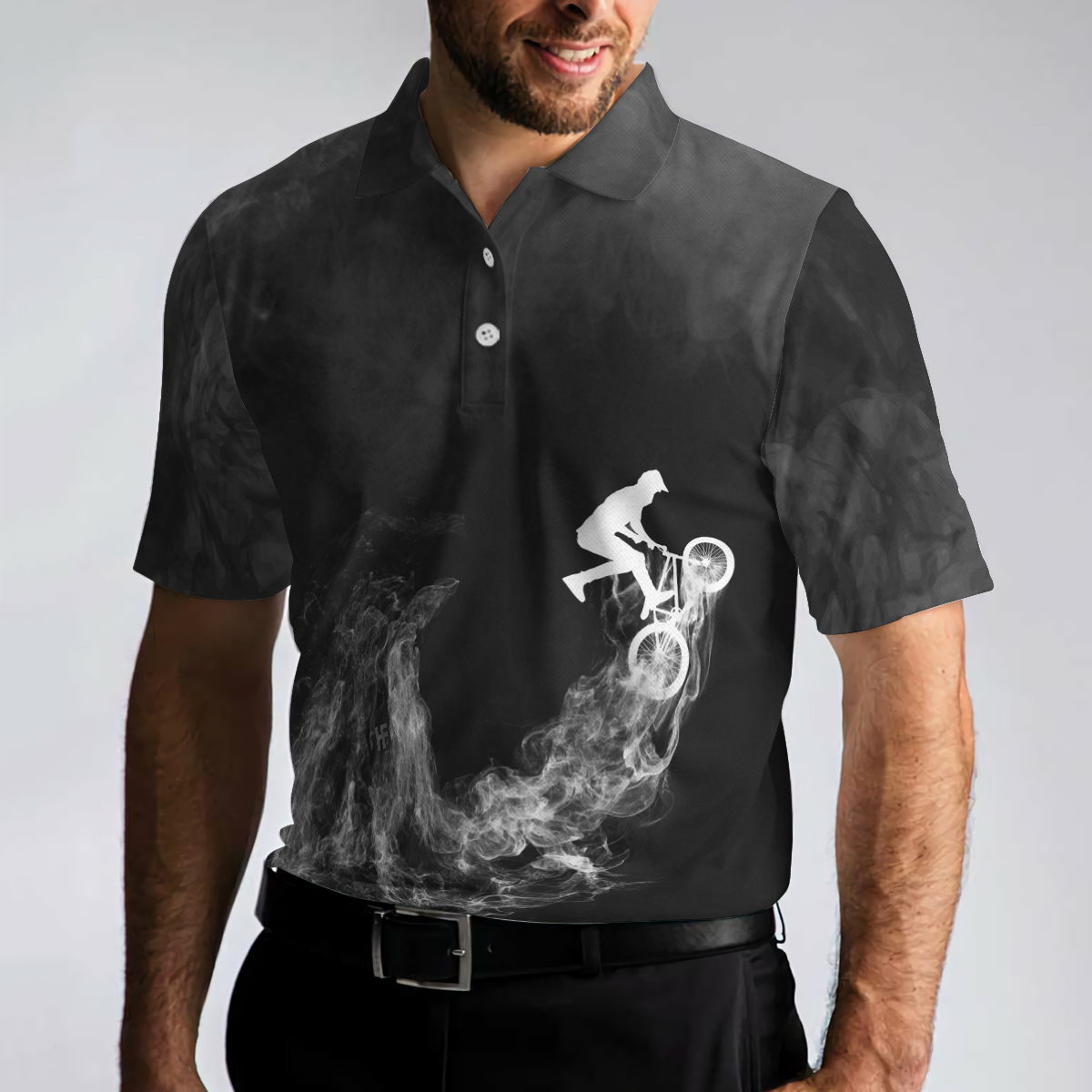 Cycling On Smoke Background Polo Shirt, Black And White Cycling Shirt For Men - Hyperfavor