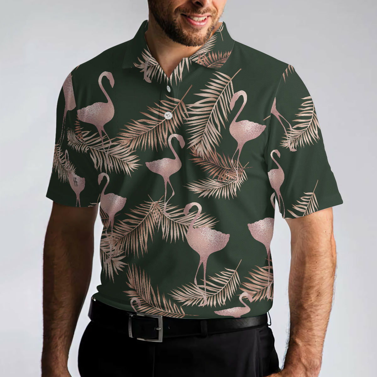 Flamingo Rose Gold Pattern Polo Shirt, Flamingo Themed Polo Shirt For Adults, Rose Gold Short Sleeve Shirt - Hyperfavor