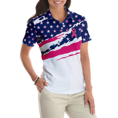 Fight American Breast Cancer Flag Short Sleeve Women Polo Shirt, Colorful Breast Cancer Awareness Month Shirt - Hyperfavor