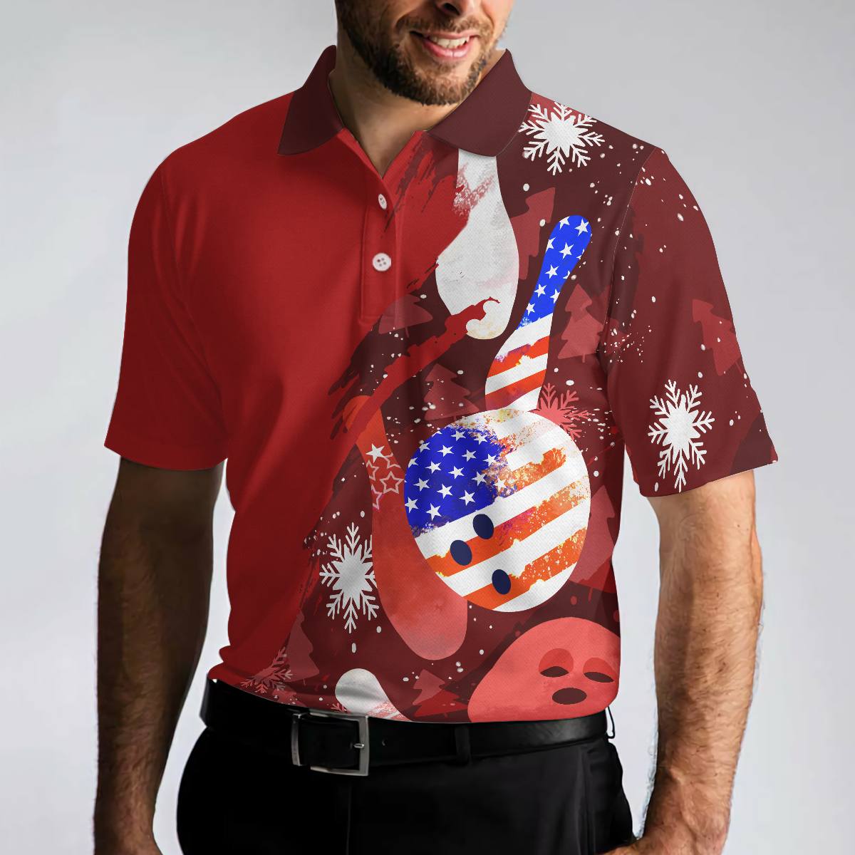 American Flag Christmas Bowling Ball and Pins Mens Polo Shirts - Hyperfavor