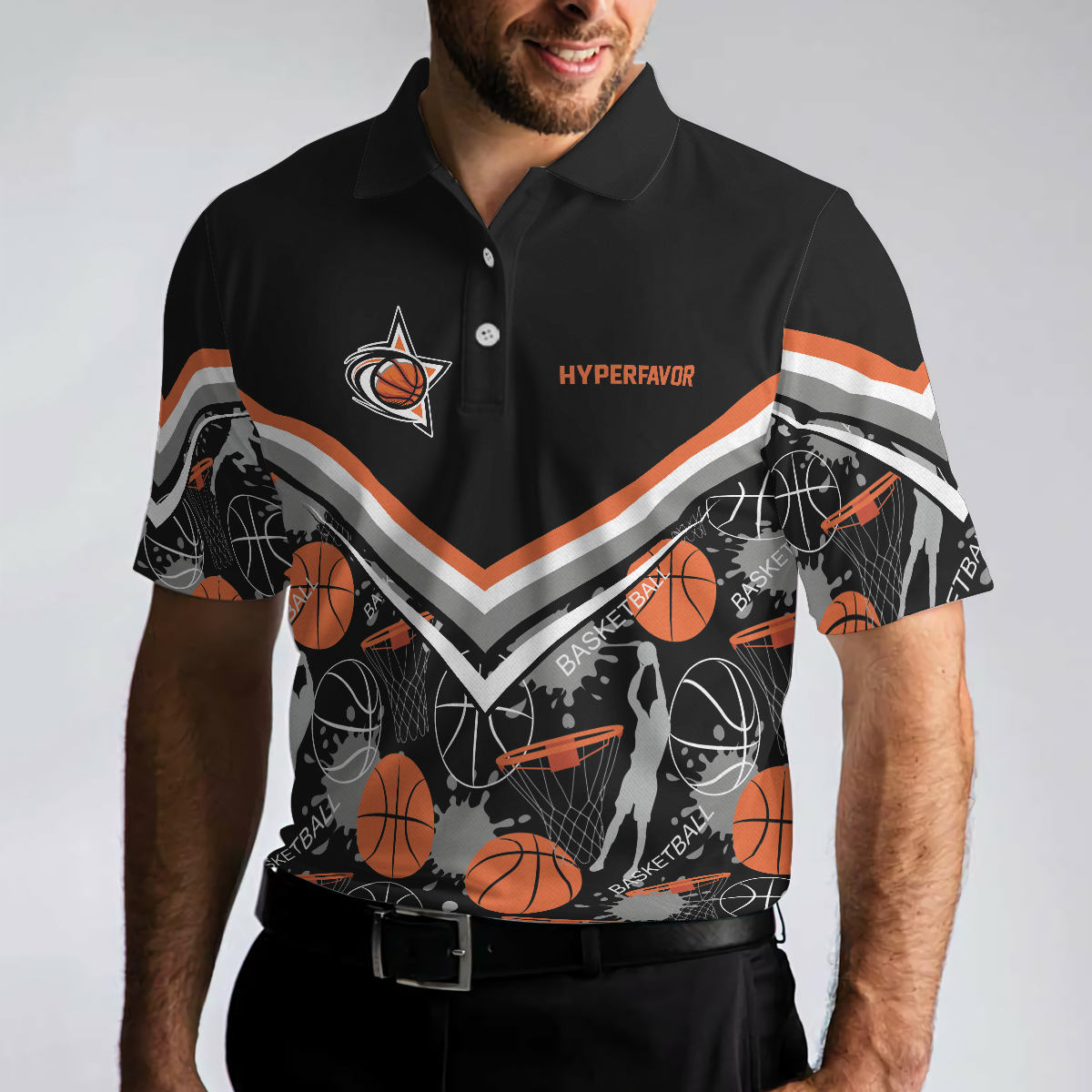 Basketball Pattern Polo Shirt, Black Basketball Polo Style Shirt For Basketball Lovers, Basketball Gift - Hyperfavor