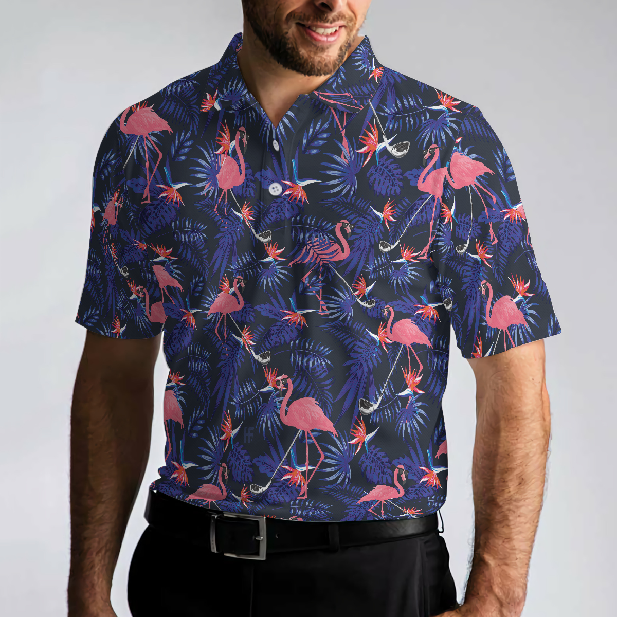 Flower And Flamingo Golf Polo Shirt, Blue Flamingo Pattern Shirt For Golf Players, Gift For Flamingo Fans - Hyperfavor