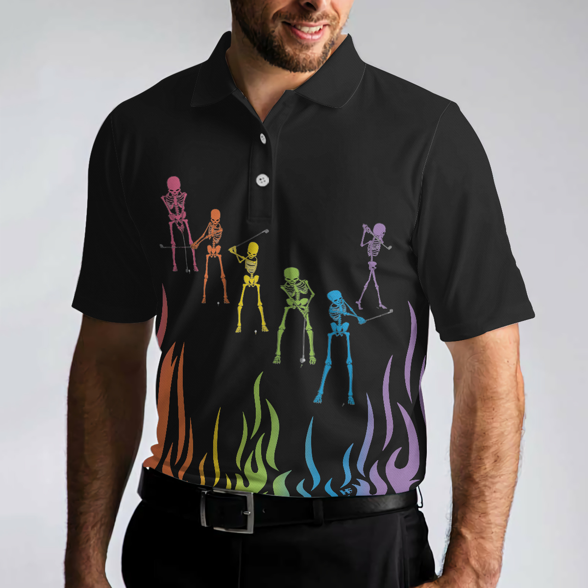 Skeleton Playing Golf Polo Shirt, Rainbow Pallette Fire Golfing Polo Shirt, Cool Golf Shirt For Men - Hyperfavor