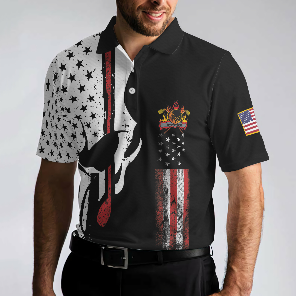 Skull American Flag With Golf Club Polo Shirt, Black And White American Flag Polo Shirt, Patriotic Golf Shirt For Men - Hyperfavor