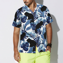 Bigfoot & The Blue Leaves Bigfoot Hawaiian Shirt, White And Navy Blue Tropical Floral Bigfoot Shirt For Men - Hyperfavor