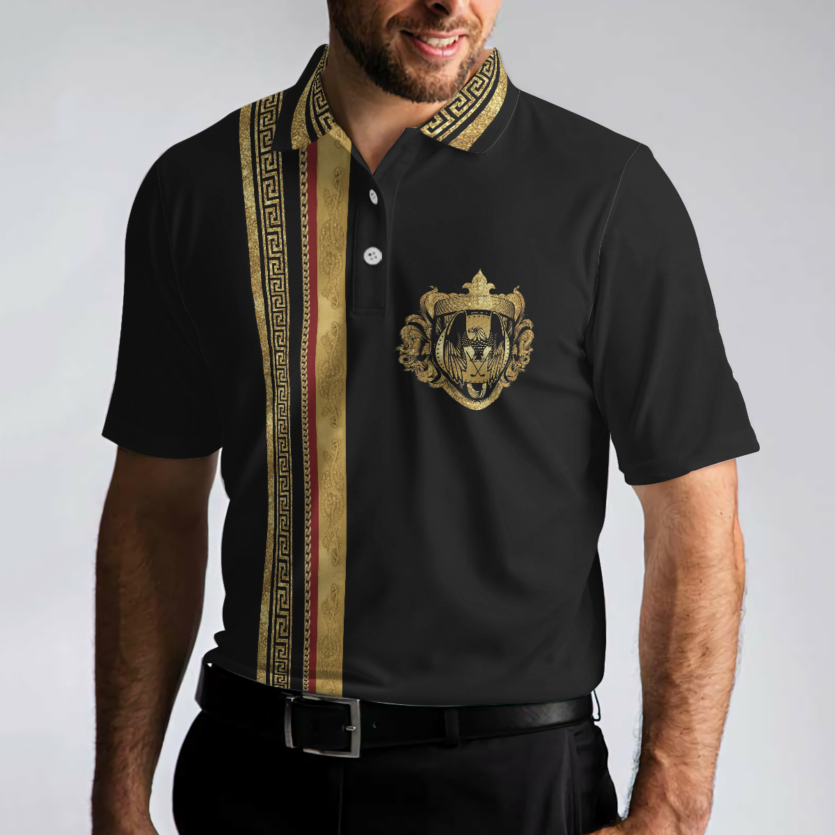 Luxury Baroque Pattern Golf Polo Shirt, Golden Greek Key Pattern Polo Shirt, Best Golf Shirt For Men - Hyperfavor