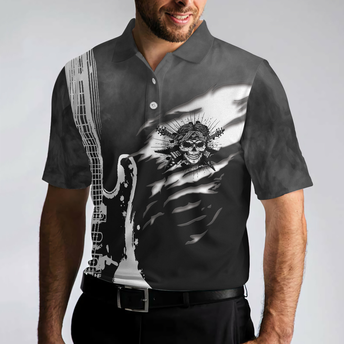 Guitar And Skull Short Sleeve Polo Shirt, Streetwear Polo Shirt, Black And White Guitar Shirt For Men - Hyperfavor