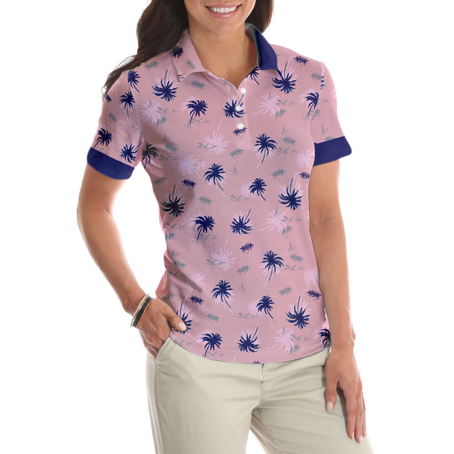 Tropical Palm Tree Pattern Shirt Short Sleeve Women Polo Shirt - Hyperfavor