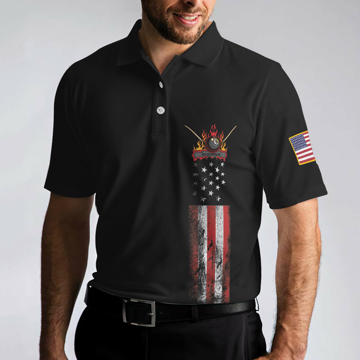 Dark Theme 8-ball Short Sleeve Wet Paint Skull Billiards Polo Shirt, American Flag Billiards Shirt For Men - Hyperfavor